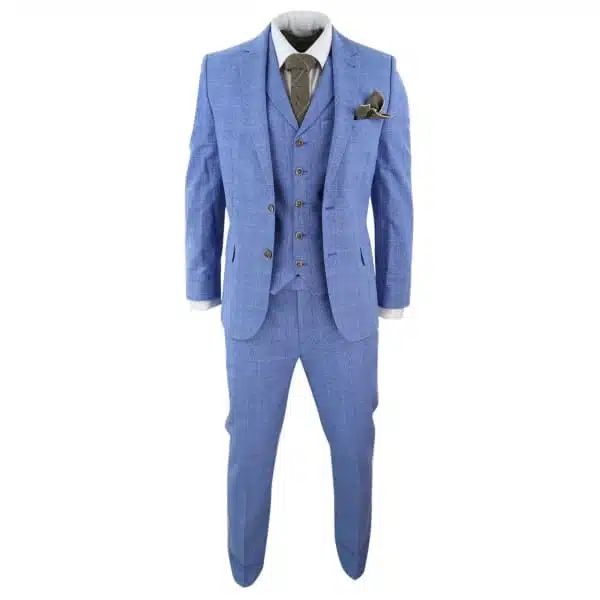 Men's Light Blue Linen 3 Piece Suit