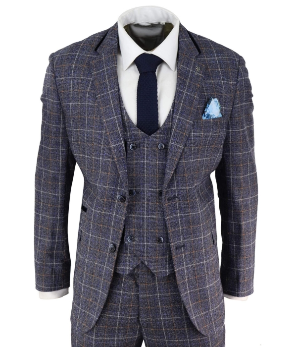 Mens Blue Tweed Check 3 Piece Suit