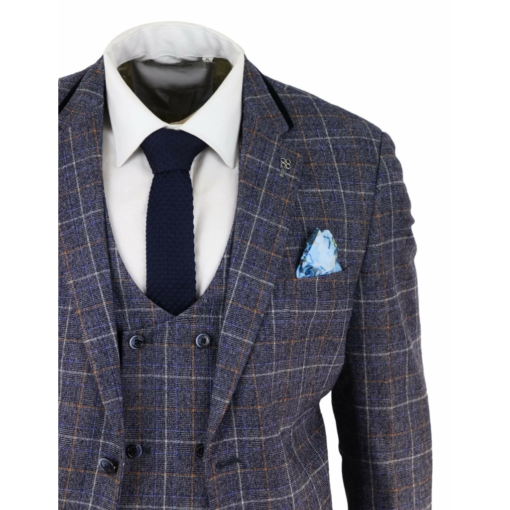 Mens Blue Tweed Check 3 Piece Suit: Buy Online - Happy Gentleman United ...