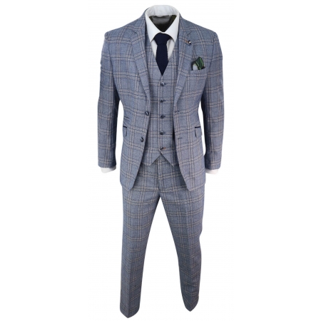 Mens Summer Blue Check 3 Piece Suit: Buy Online - Happy Gentleman