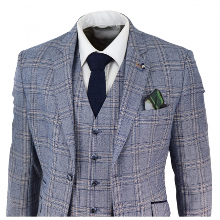 Mens Summer Blue Check 3 Piece Suit: Buy Online - Happy Gentleman