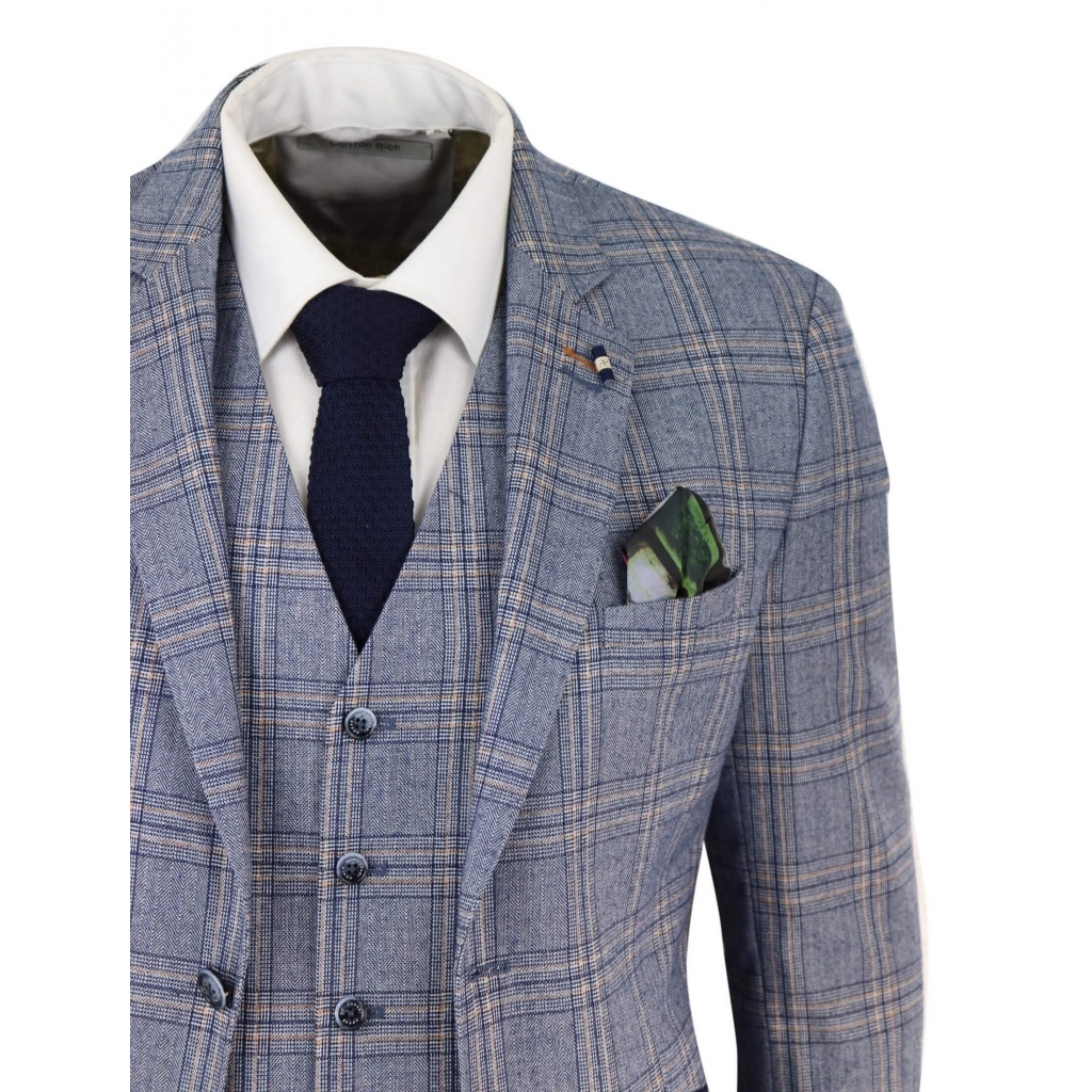 Mens Summer Blue Check 3 Piece Suit: Buy Online - Happy Gentleman