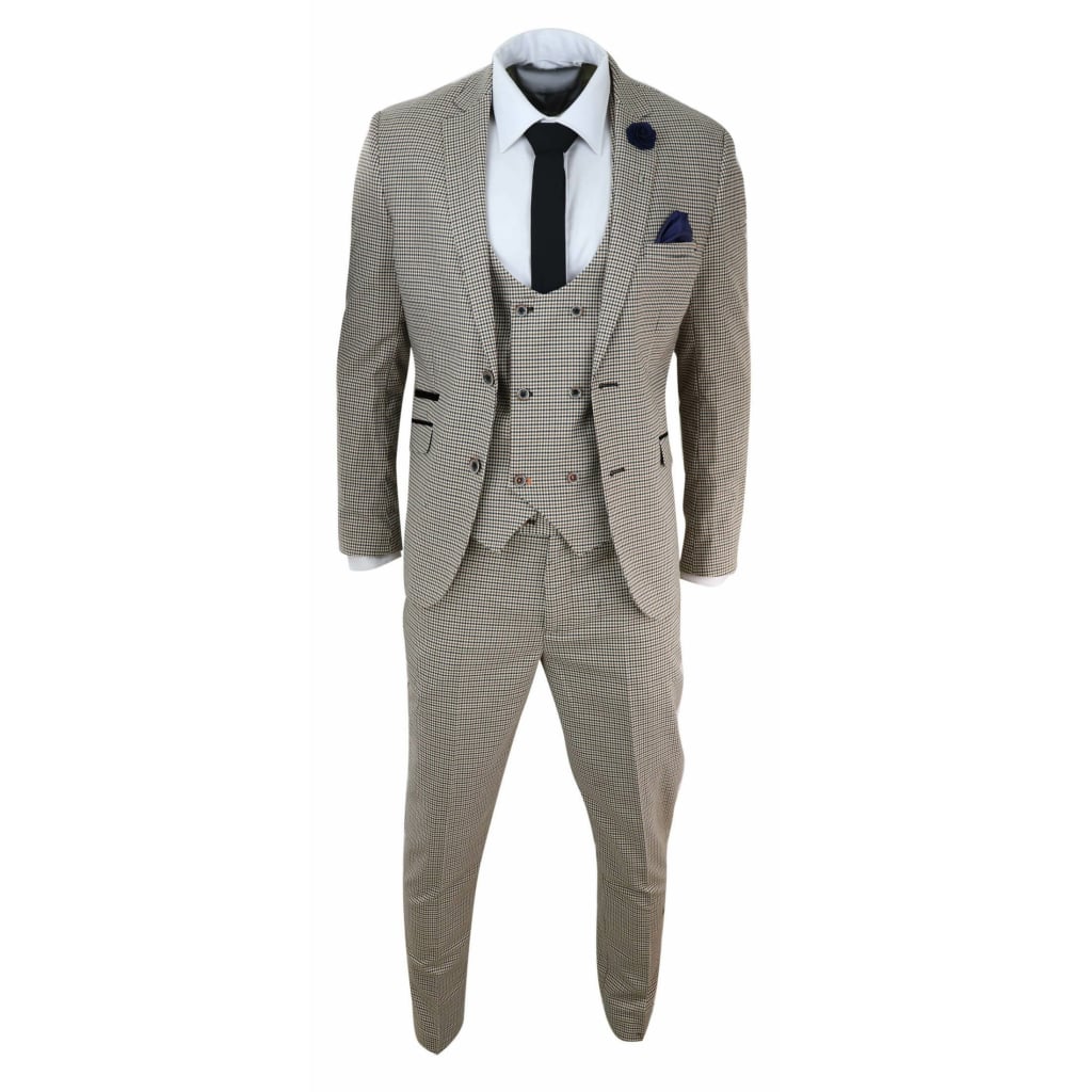 Mens Beige Navy Check Suit: Buy Online - Happy Gentleman