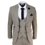 Mens Beige Navy Check Suit - 44UK Jacket/Waistcoat + 38W Trousers