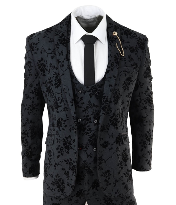 Mens Black 3 Piece Paisley Velvet Suit