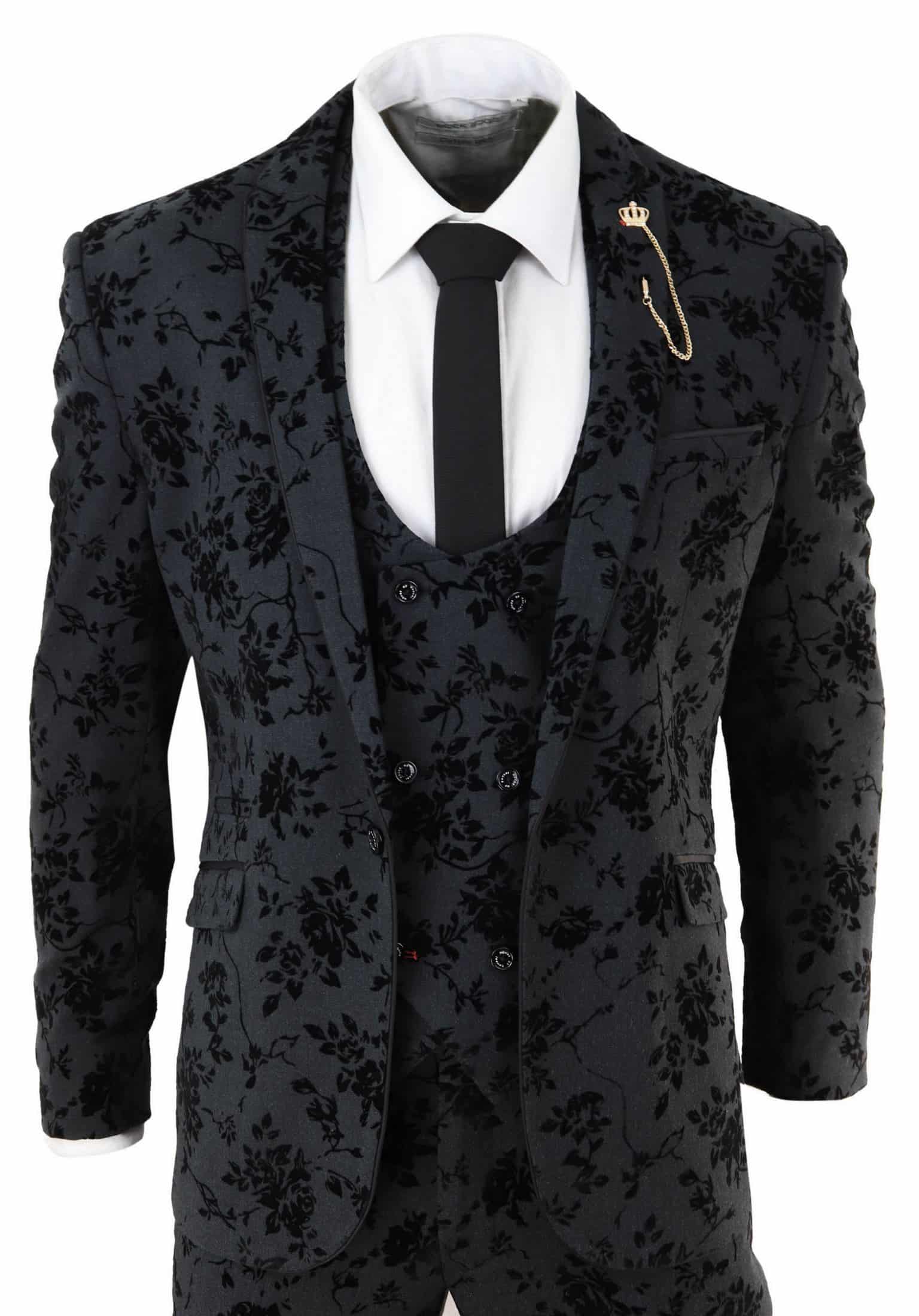 Mens Black 3 Piece Paisley Velvet Suit Happy Gentleman