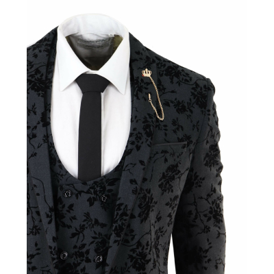 Mens Black 3 Piece Paisley Velvet Suit: Buy Online - Happy Gentleman