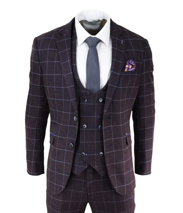 Mens Plum Check 3 Piece Suit