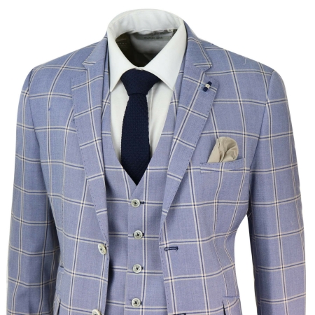 Mens 3 Piece Light Blue Check Suit: Buy Online - Happy Gentleman