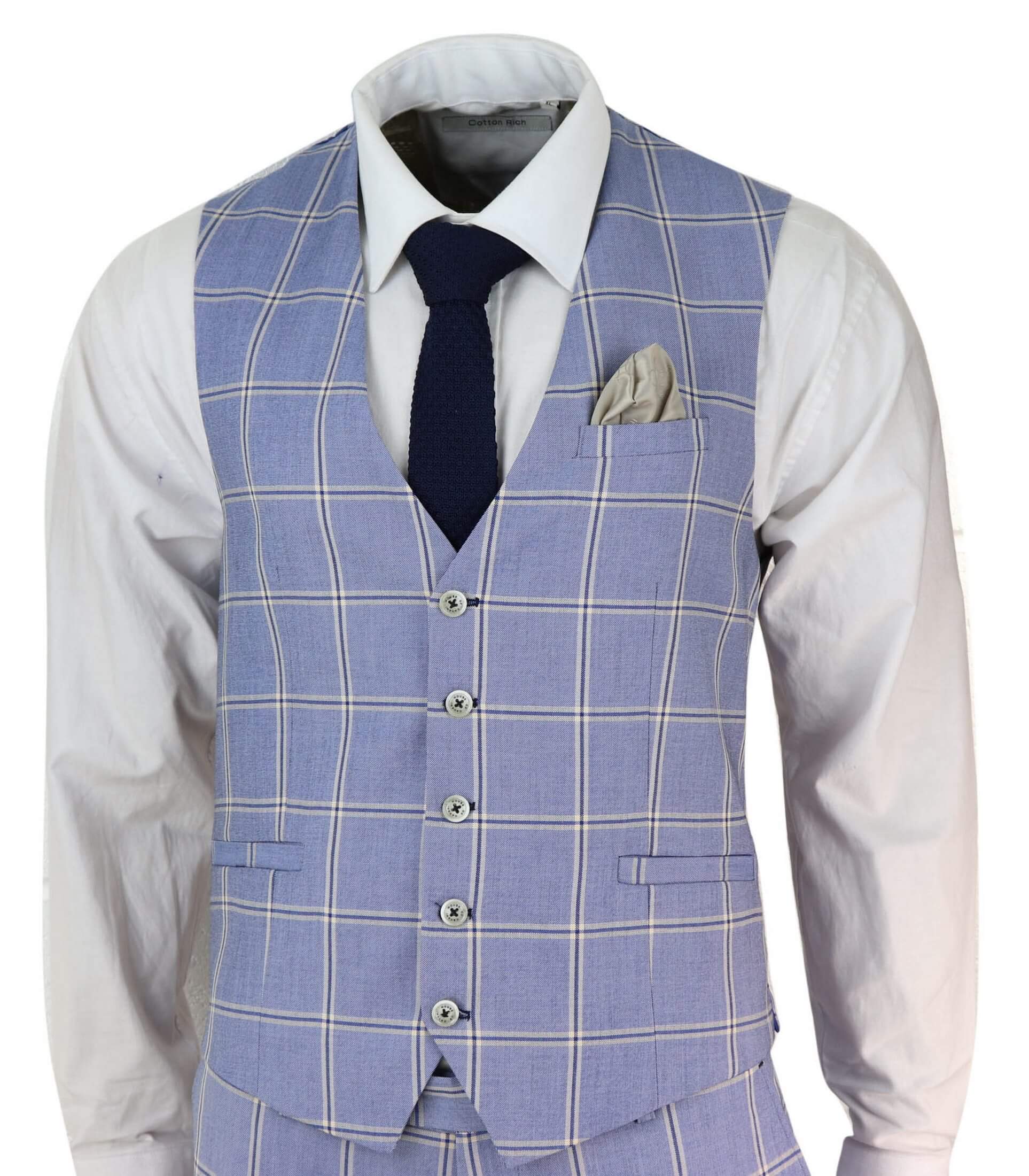 Mens 3 Piece Light Blue Check Suit: Buy Online - Happy Gentleman