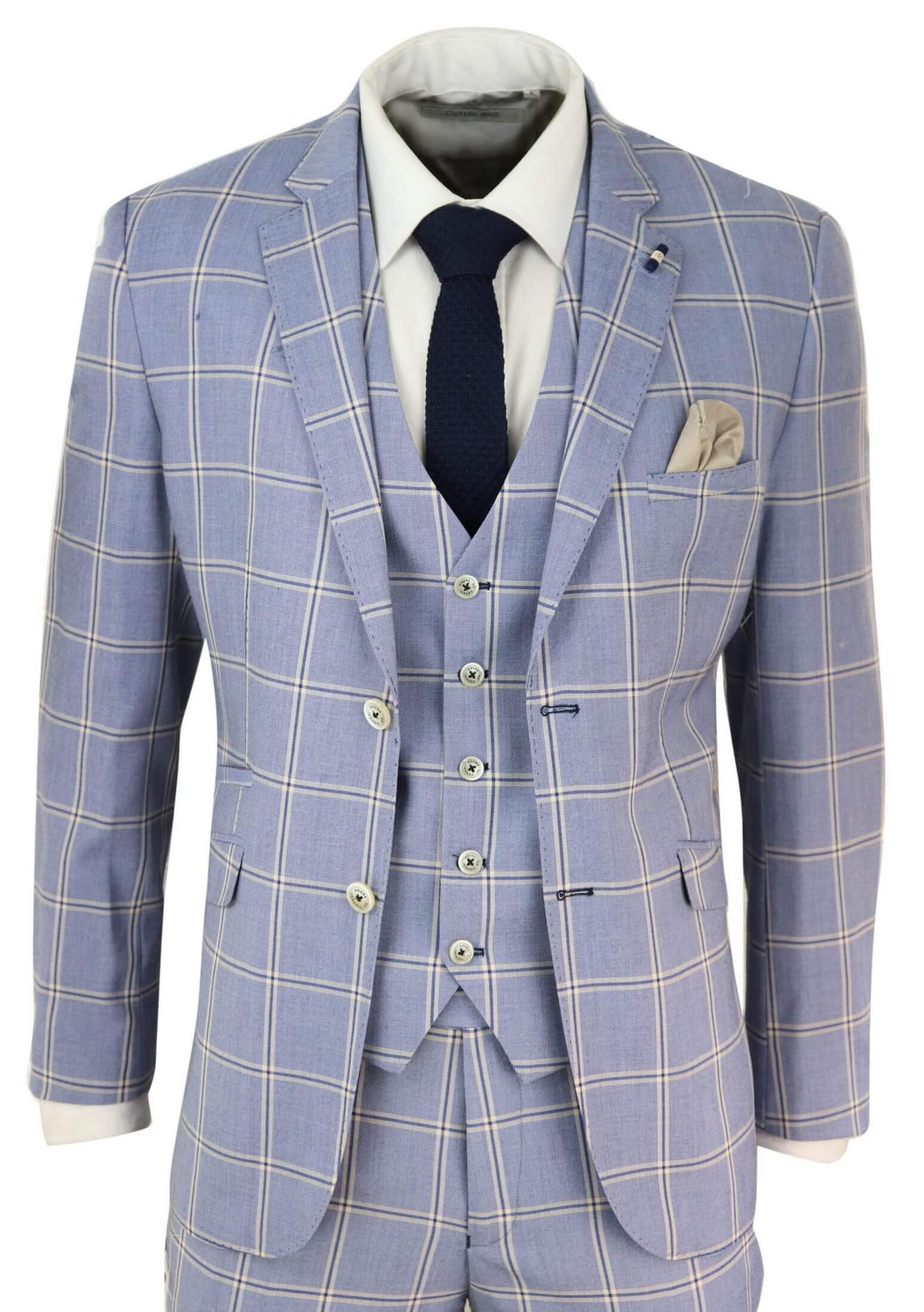 Mens 3 Piece Light Blue Check Suit: Buy Online - Happy Gentleman