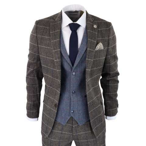Mens Oak Brown 3 Piece Suit with Contrasting Blue Waistcoat: Buy Online ...