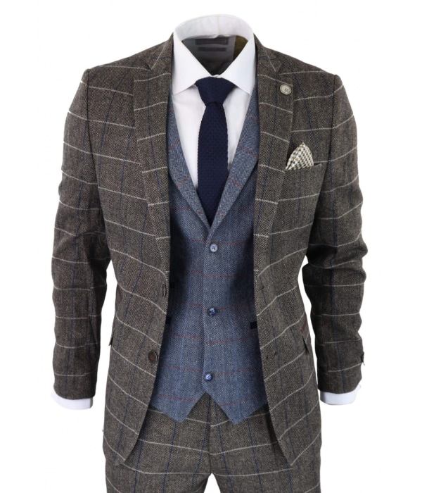 Mens Oak Brown 3 Piece Suit with Contrasting Blue Waistcoat: Buy Online ...