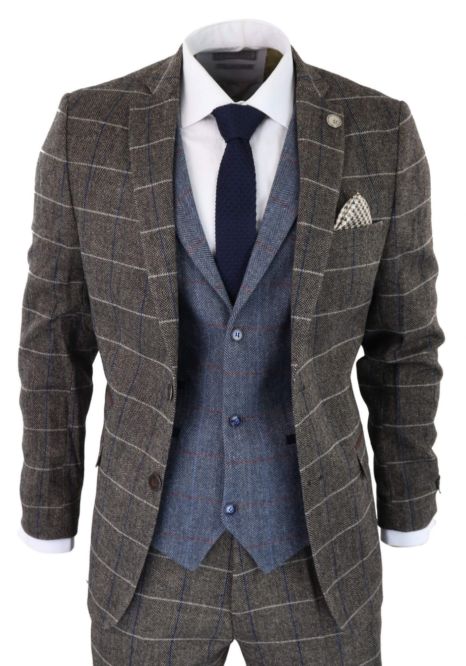 Mens Oak Brown 3 Piece Suit with Contrasting Blue Waistcoat: Buy Online ...
