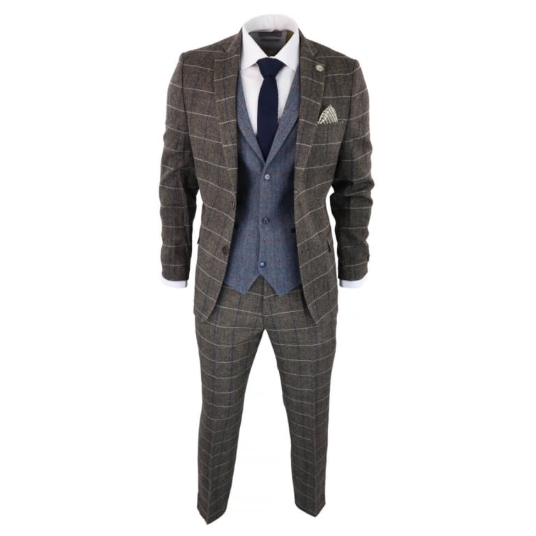 Mens Oak Brown 3 Piece Suit with Contrasting Blue Waistcoat: Buy Online ...