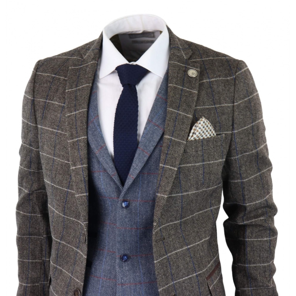 Mens Oak Brown 3 Piece Suit with Contrasting Blue Waistcoat: Buy Online ...