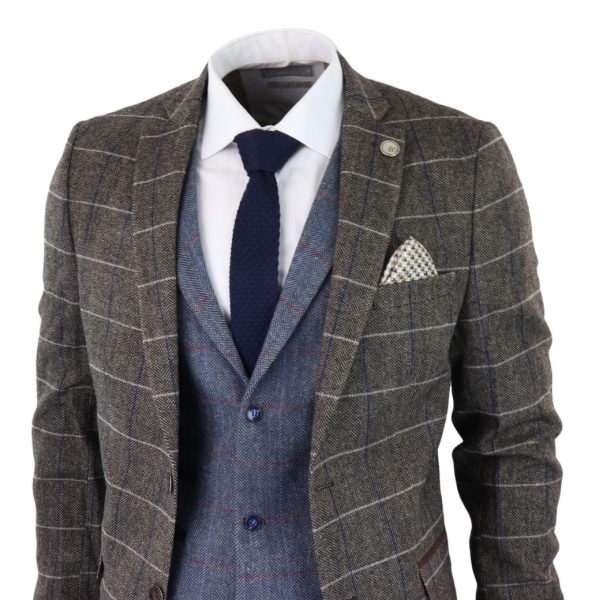 Mens Oak Brown 3 Piece Suit with Contrasting Blue Waistcoat
