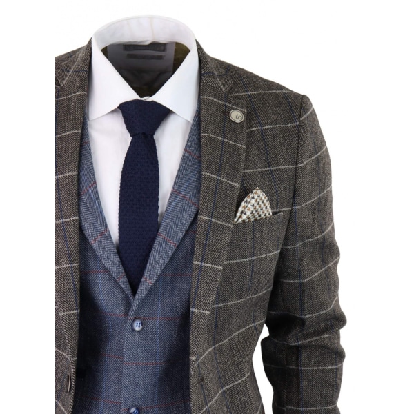 Mens Oak Brown 3 Piece Suit with Contrasting Blue Waistcoat
