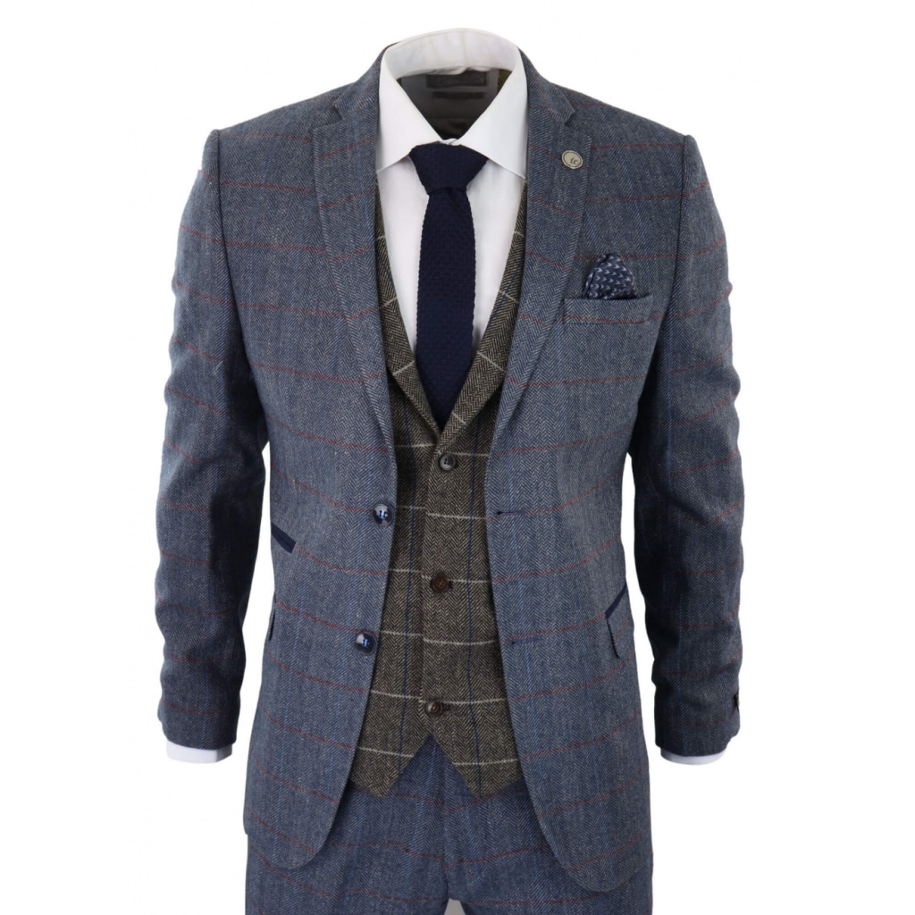 Mens Blue 3 Piece Suit with Contrasting Oak Brown Waistcoat: Buy Online ...