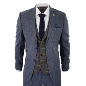 Mens Blue 3 Piece Suit with Contrasting Oak Brown Waistcoat