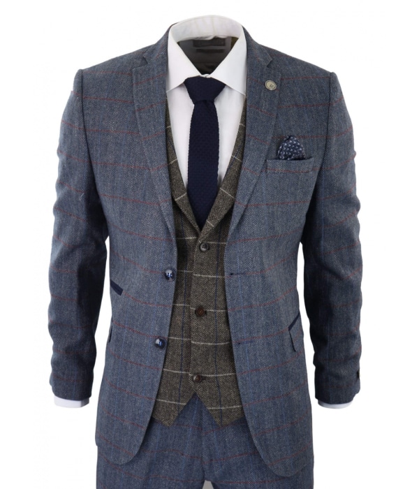 Mens Blue 3 Piece Suit with Contrasting Oak Brown Waistcoat