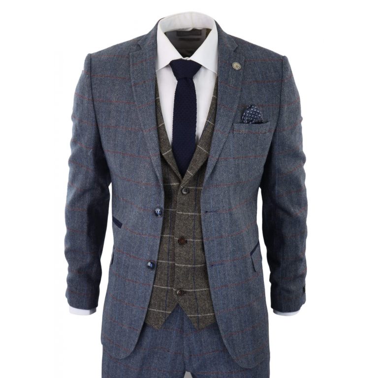 Mens Blue 3 Piece Suit with Contrasting Oak Brown Waistcoat: Buy Online ...