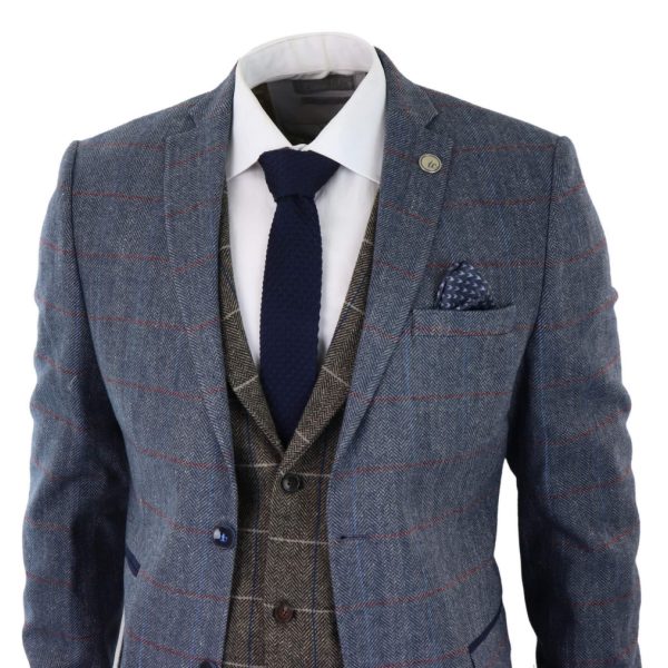 Mens Blue 3 Piece Suit with Contrasting Oak Brown Waistcoat