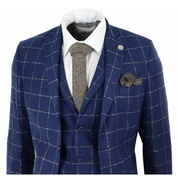 Mens Blue - Grey Check Tweed 3 Piece Suit