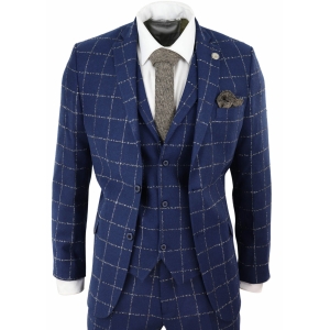 Mens Blue – Grey Check Tweed 3 Piece Suit