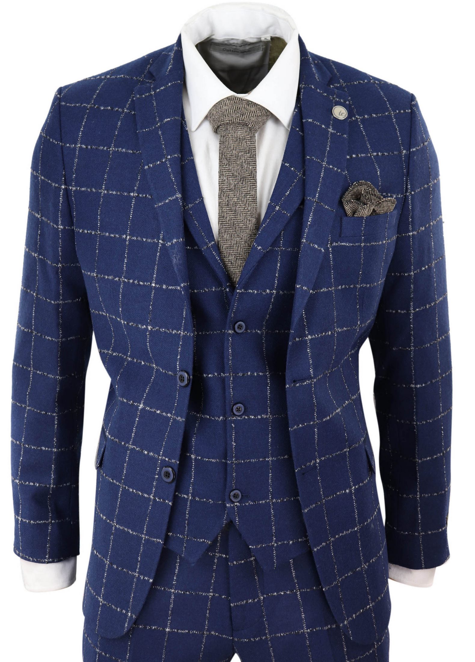 Mens Blue - Grey Check Tweed 3 Piece Suit: Buy Online - Happy Gentleman