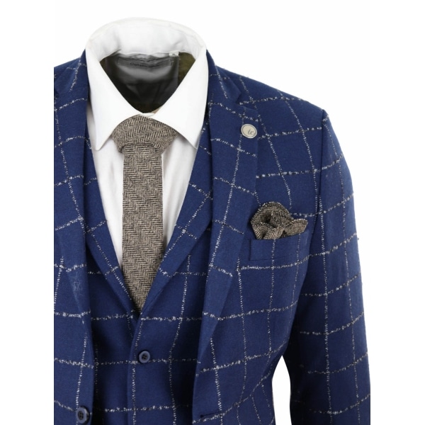 Mens Blue - Grey Check Tweed 3 Piece Suit