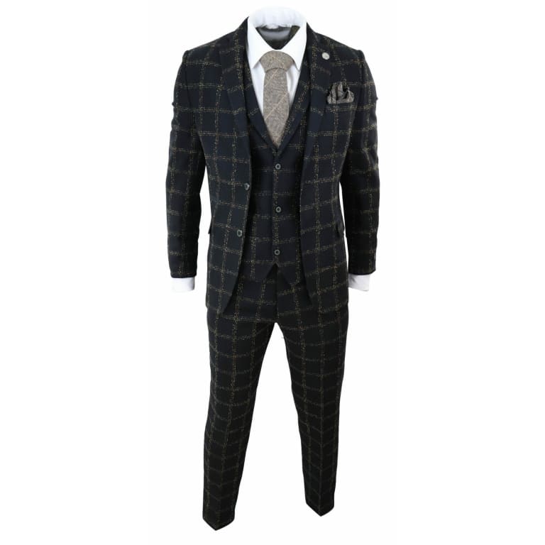 Mens Black - Tan Check Tweed 3 Piece Suit: Buy Online - Happy Gentleman