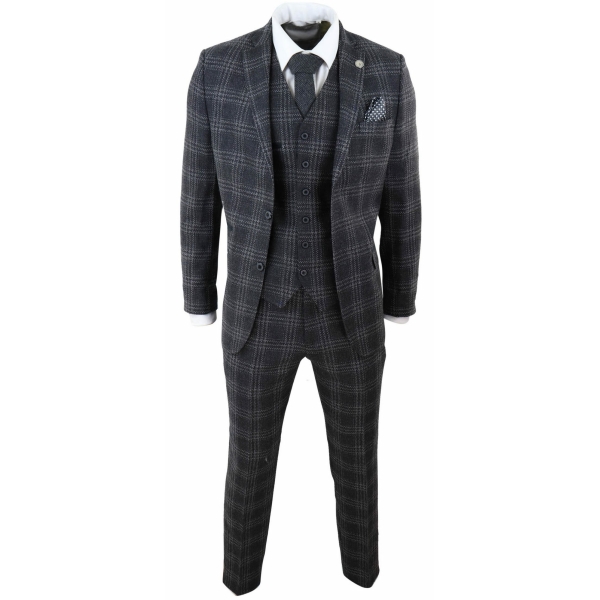 Mens Charcoal-Grey Check Tweed 3 Piece Suit