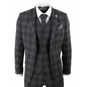 Mens Charcoal-Grey Check Tweed 3 Piece Suit