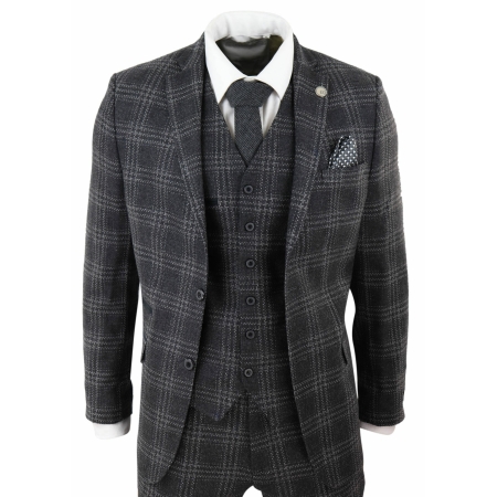 Mens Charcoal-Grey Check Tweed 3 Piece Suit: Buy Online - Happy Gentleman