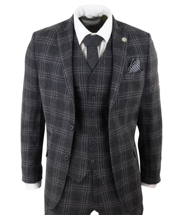 Mens Charcoal-Grey Check Tweed 3 Piece Suit