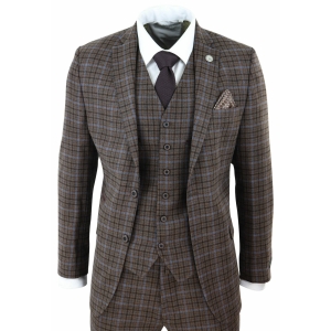 Mens 3 Piece Brown Check Tweed Suit