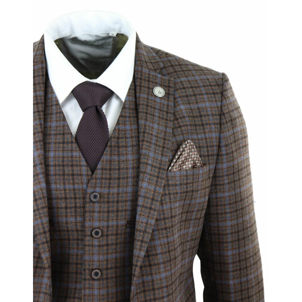 Mens 3 Piece Brown Check Tweed Suit: Buy Online - Happy Gentleman