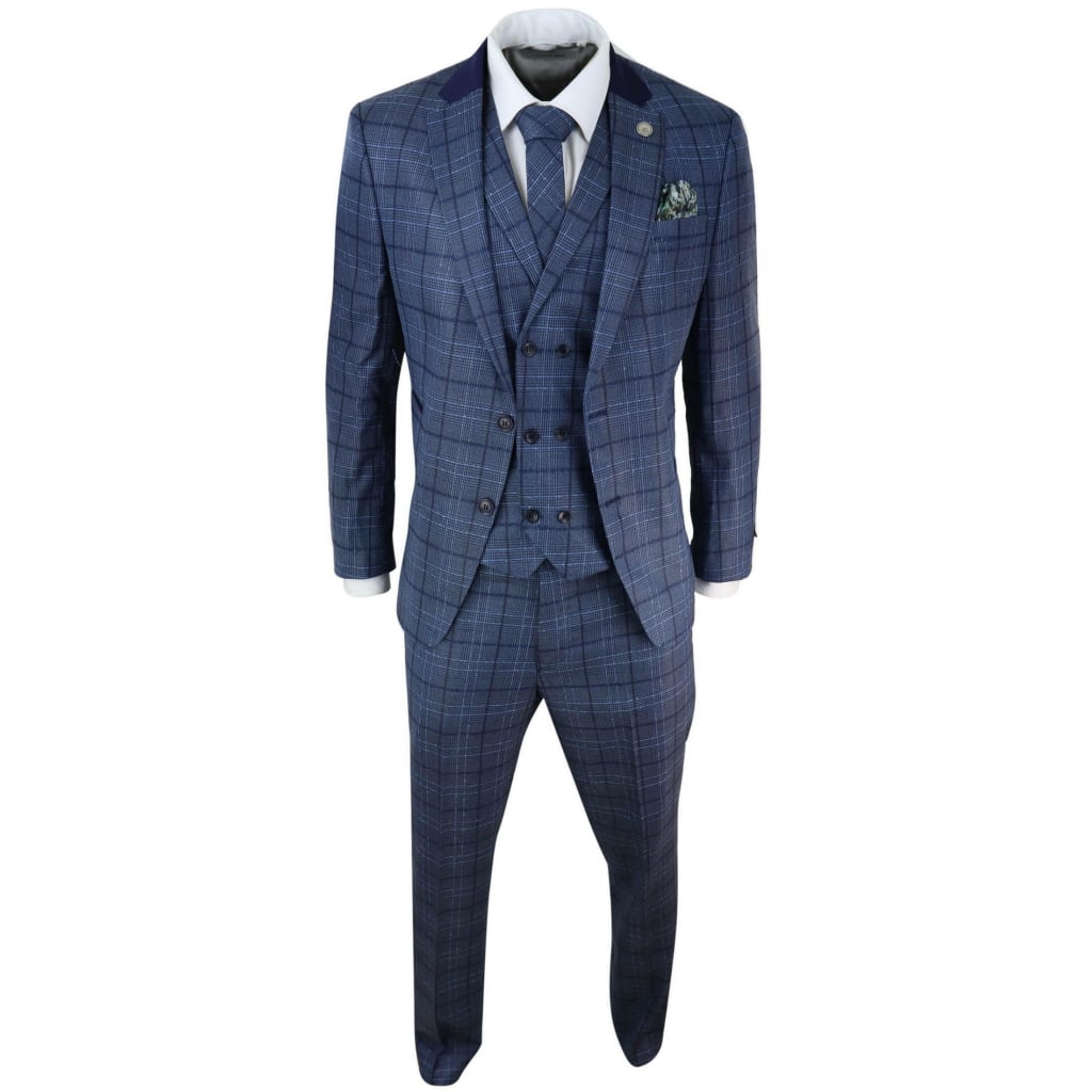 Mens Blue Check Tailored Fit Suit: Buy Online - Happy Gentleman