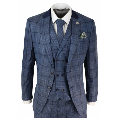 Mens Blue Check Tailored Fit Suit: Buy Online - Happy Gentleman
