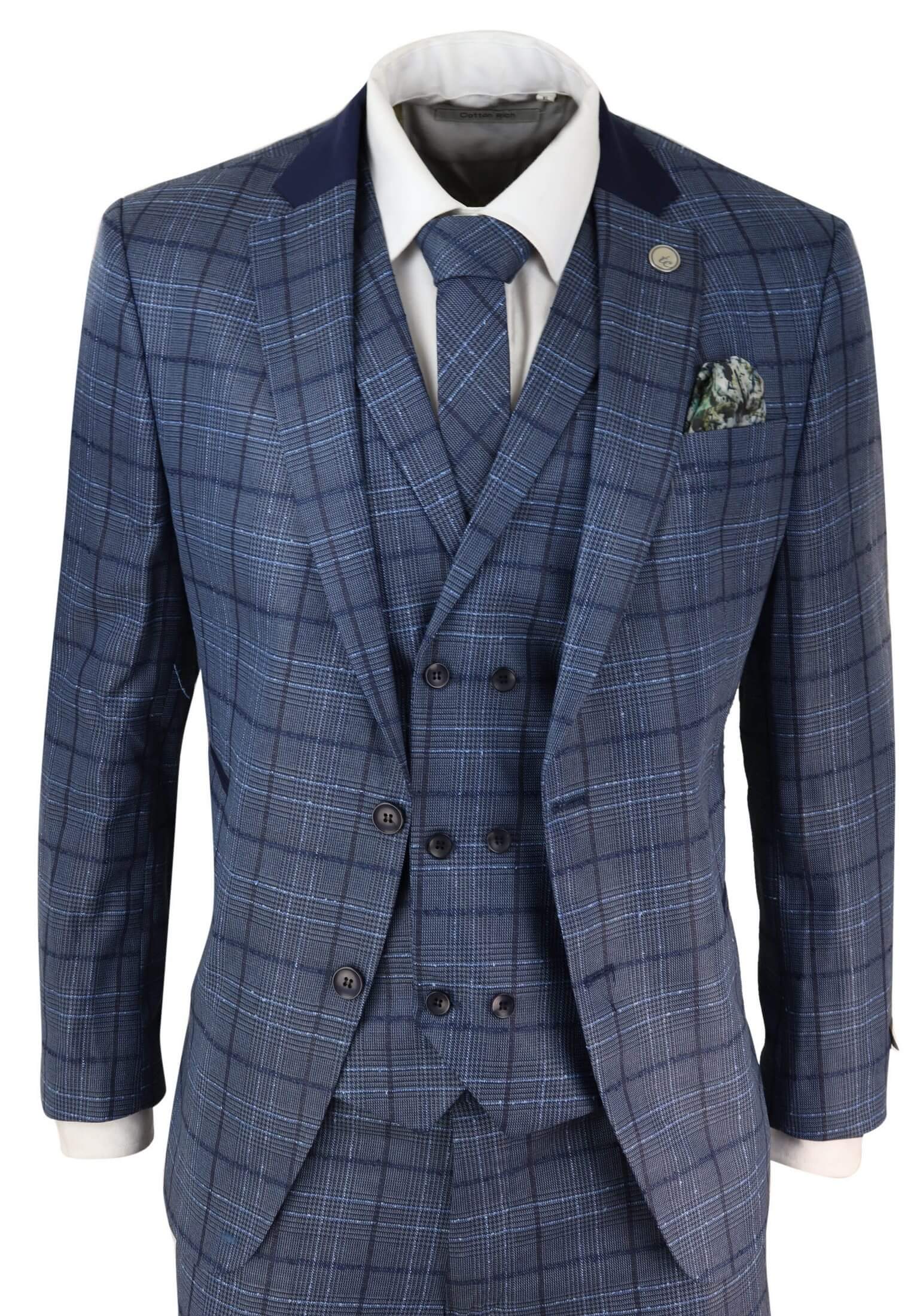 Mens Blue Check Tailored Fit Suit: Buy Online - Happy Gentleman