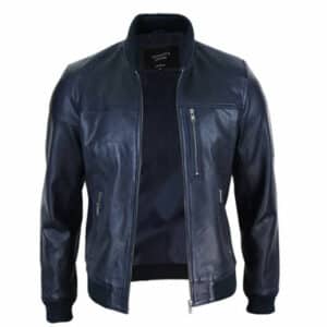 Mens classic blue real leather bomber jacket with zip.