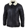 Mens Black Leather Bomber Jacket with White Collar