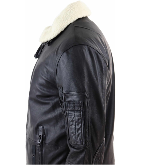 Mens Black Leather Bomber Jacket with White Collar