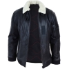 Mens Black Leather Bomber Jacket with White Collar