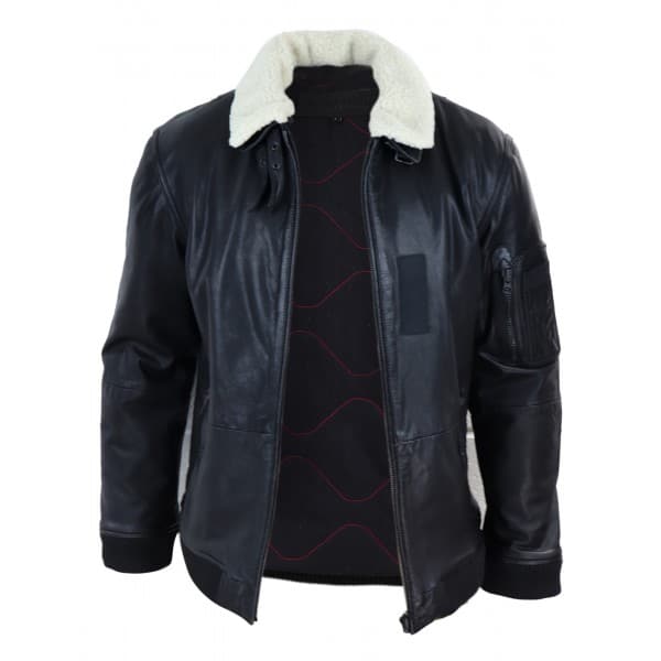 Mens Black Leather Bomber Jacket with White Collar
