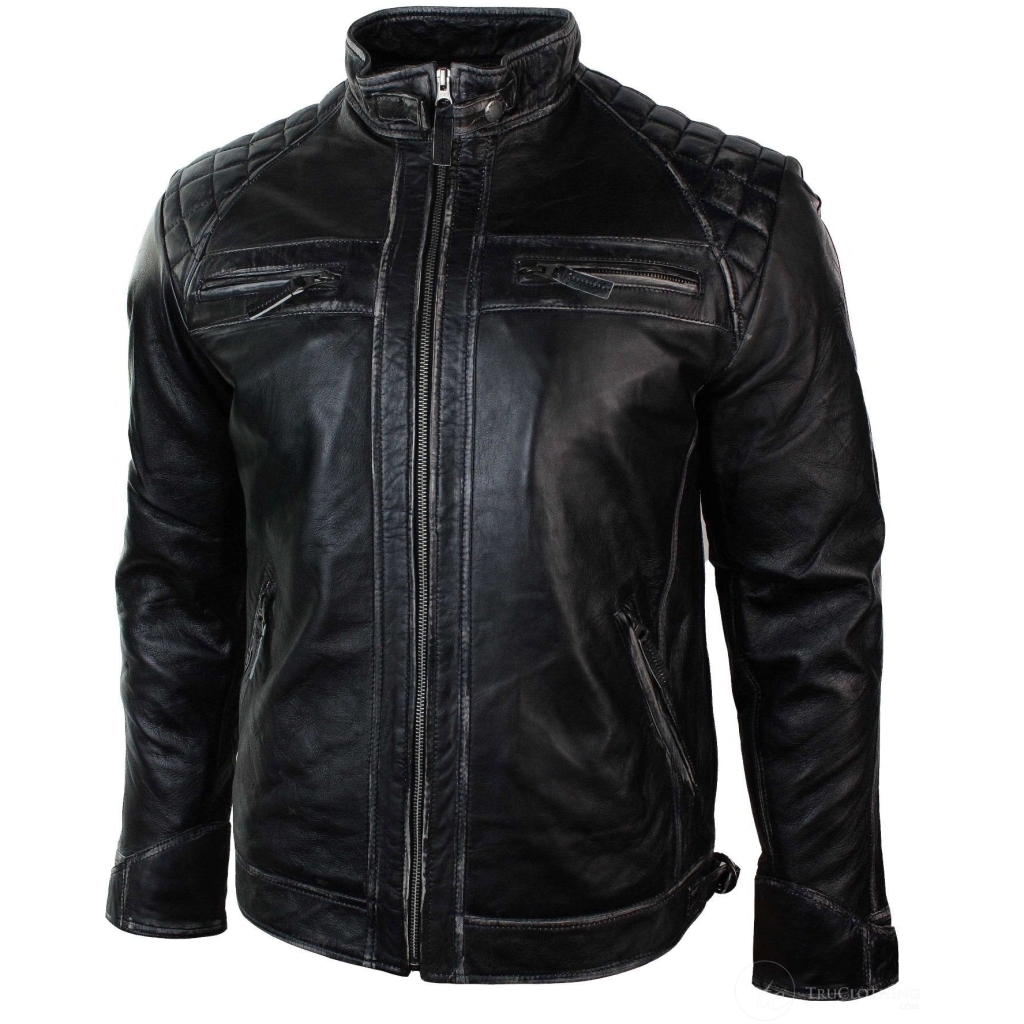 Real Leather Retro Style Zipped Mens Biker Jacket Soft Black Vintage ...