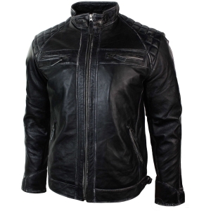 Real Leather Retro Style Zipped Mens Biker Jacket Soft Black Vintage ...