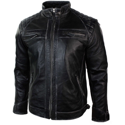 Real Leather Retro Style Zipped Mens Biker Jacket Soft Black Vintage ...