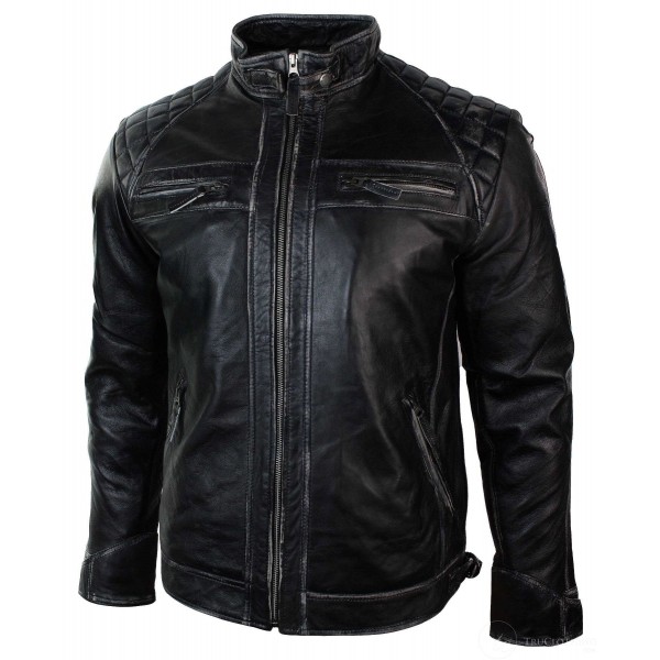 Real Leather Retro Style Zipped Mens Biker Jacket Soft Black Vintage Look